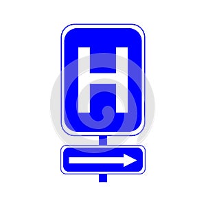Hospital sign. Letter H on a blue background. And the arrow to the right