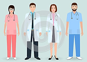 Hospital staff concept. Group of man and woman doctors, nurse, medical orderly.