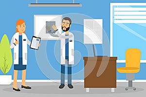 Hospital Staff with Man Doctor and Woman Nurse Observing X-ray Vector Illustration