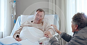 Hospital, support and man in elderly care for medical wellness, empathy and touch on senior patient for cardiology in