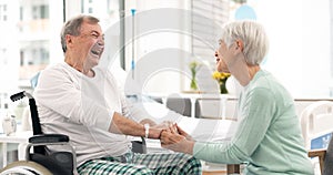 Hospital, talking and woman visit man for comfort, care and support for wellness, service and surgery. Healthcare