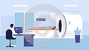 Hospital tomography exam vector illustration, cartoon flat woman doctor character scanning, examining patient on