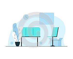 Hospital waiting room interior. Vector concept illustration of waiting hall in the hospital with bench, chair, wall clock, plant