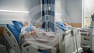 Hospital Ward: Elderly Old Man and Young Beautiful Girl Resting in Beds, Fully Recovering from Suc