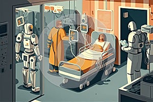 a hospital ward with a mix of human and robotic caregivers, providing 24/7 care