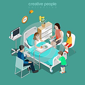 Hospital ward patient bed family care flat isometric vector 3d