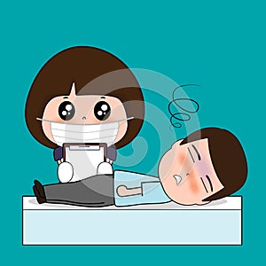 Hospitalisation of the patient. A sick person is in a medical bed. Vector illustration