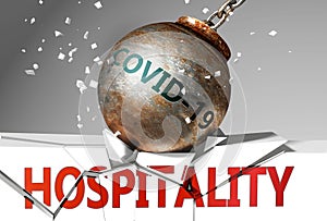 Hospitality and coronavirus, symbolized by the virus destroying word Hospitality to picture that covid-19  affects Hospitality and photo