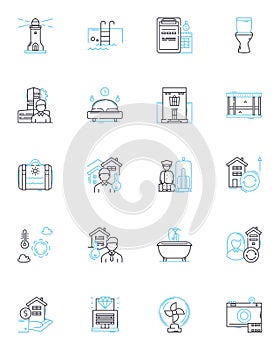 Hospitality industry linear icons set. Accommodation, Amenities, Banquet, Beverages, Breakfast, Catering, Cleanliness