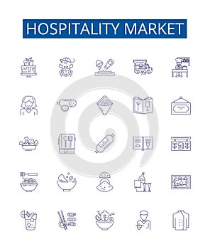 Hospitality market line icons signs set. Design collection of Hotel, Resort, Tourism, Foodservice, Hospitality
