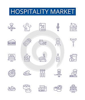 Hospitality market line icons signs set. Design collection of Hotel, Resort, Tourism, Foodservice, Hospitality