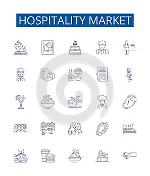 Hospitality market line icons signs set. Design collection of Hotel, Resort, Tourism, Foodservice, Hospitality