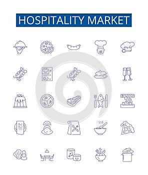 Hospitality market line icons signs set. Design collection of Hotel, Resort, Tourism, Foodservice, Hospitality