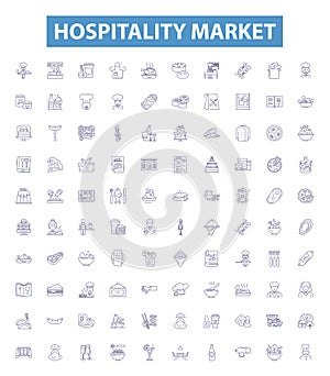 Hospitality market line icons, signs set. Hotel, Resort, Tourism, Foodservice, Hospitality, Hospitality Industry