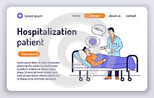 Hospitalization patient web banner. Doctor man discussing with male patient flat vector illustration. Sick person is in a medical