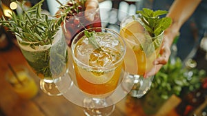 The host greets guests with a warm smile offering a selection of nonalcoholic cocktails made with fresh juices and herbs