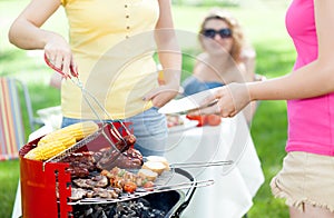 Host serving woman frazzled sausage