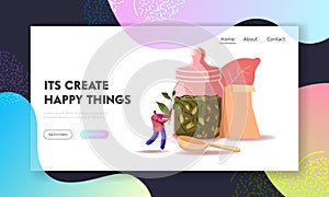 Host Waiting Guest Friends at Home for Tea Ceremony Landing Page Template. Tiny Male Character Hold Huge Tea