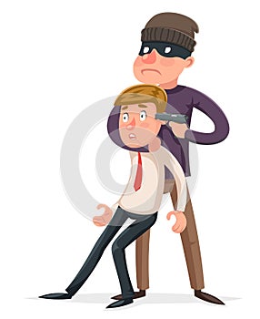 Hostage criminal thief gun character crime threat buyout request icon cartoon design vector illustration