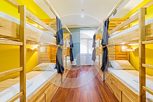 The hostel dormitory beds arranged in room