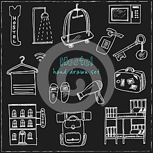 Hostel. Hand drawn doodle set. Sketches. Vector illustration for design and packages product.