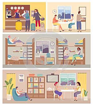 Hostel Interior for tourist. People settle in hostelry, living, sleeping, eating on hand drawn vector illustration.