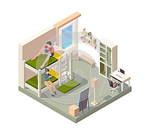 Hostel room interior. Bedroom in hotel accommodation architecture rest room for students contemporary residential vector