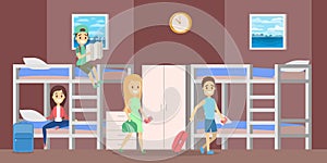 Hostel room interior with people inside illustration