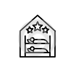 Hostel room logo with two beds and three stars above. House for the rest line icon