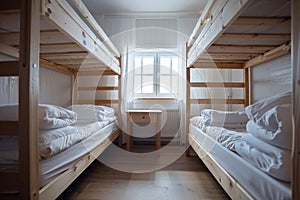 Hostel rooms with bunk wood beds. white bedding set Natural light from the window