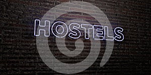 HOSTELS -Realistic Neon Sign on Brick Wall background - 3D rendered royalty free stock image photo