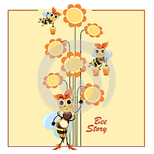 Hostess bee. Proprietress. Bee Story. Flowers honey. Swarm of bees collects honey. Poster with cute cartoon characters.