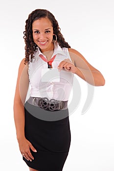 Hostess showing her badge