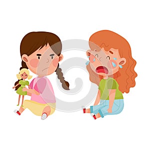 Hostile Kid with Angry Grimace Taking Away Doll from Her Crying Agemate Vector Illustration