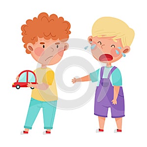 Hostile Kid with Angry Grimace Taking Away Toy Car from His Crying Agemate Vector Illustration photo
