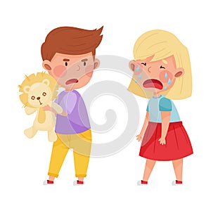 Hostile Kid with Angry Grimace Taking Away Toy Lion from His Crying Agemate Vector Illustration