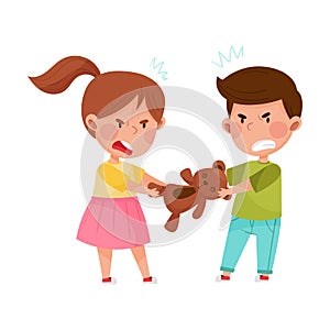 Hostile Kids with Angry Grimace Fighting Over Toy Bear Vector Illustration