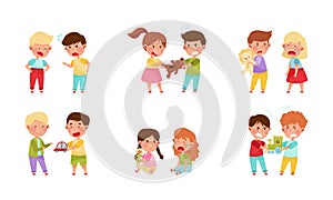 Hostile Kids with Angry Grimace Fighting Over Toys and Quarreling Vector Illustration Set