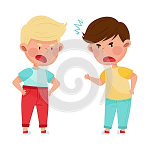 Hostile Kids with Angry Grimace Shouting and Arguing with Each Other Vector Illustration