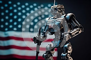 Hostile robot or evil artificial intelligence, standing in front of american flag, american science fiction industry. Generative A