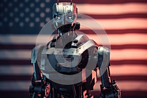 Hostile robot or evil artificial intelligence, standing in front of american flag, american science fiction industry. Generative A