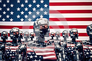 Hostile robot or evil artificial intelligence, standing in front of american flag. Generative AI