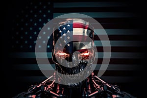 Hostile robot or evil artificial intelligence, standing in front of american flag. Generative AI