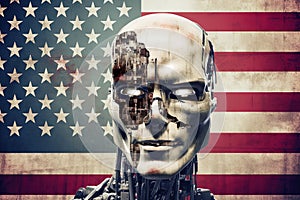 Hostile robot or evil artificial intelligence, standing in front of american flag. Generative AI