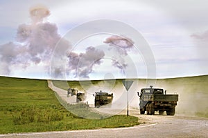 Hostilities. Military training ground with explosions.