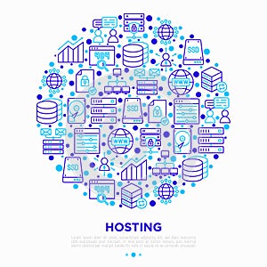 Hosting concept in circle with thin line icons: VPS, customer support, domain name, automated backup, SSD, control panel, secure
