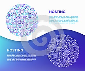 Hosting concept in circle with thin line icons: VPS, customer support, domain name, automated backup, SSD, control panel, secure