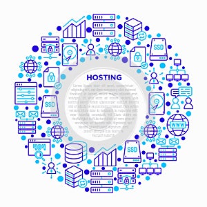 Hosting concept in circle with thin line icons: VPS, customer support, domain name, automated backup, SSD, control panel, secure