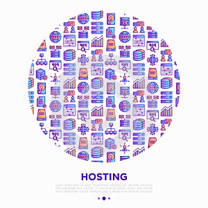 Hosting concept in circle thin line icons: VPS, customer support, domain name, automated backup, SSD, control panel, secure server