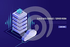 Hosting concept with cloud data storage and server room. Server rack with cloud.Isometric style